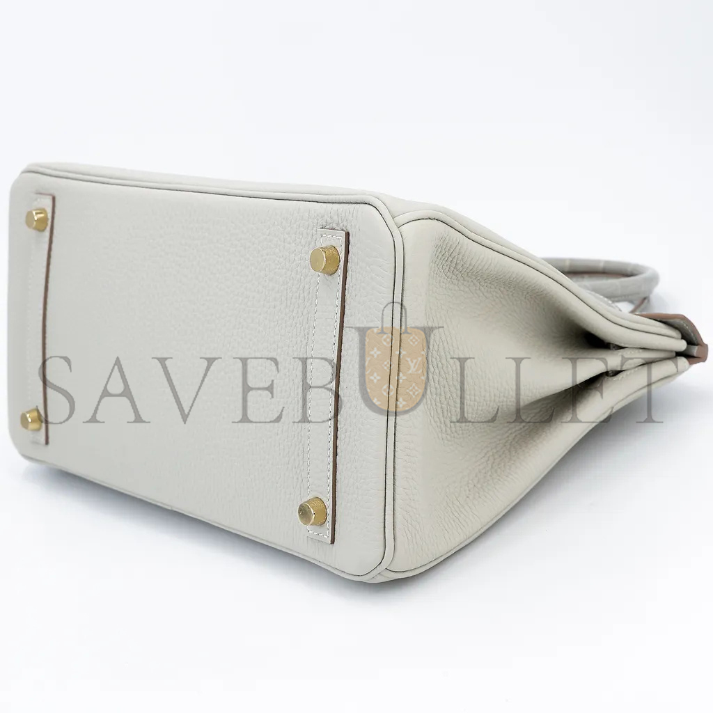 H**mes master birkin 25 crocodile and togo leather pearl grey gold buckle h076216ck15 (25*20*13cm)